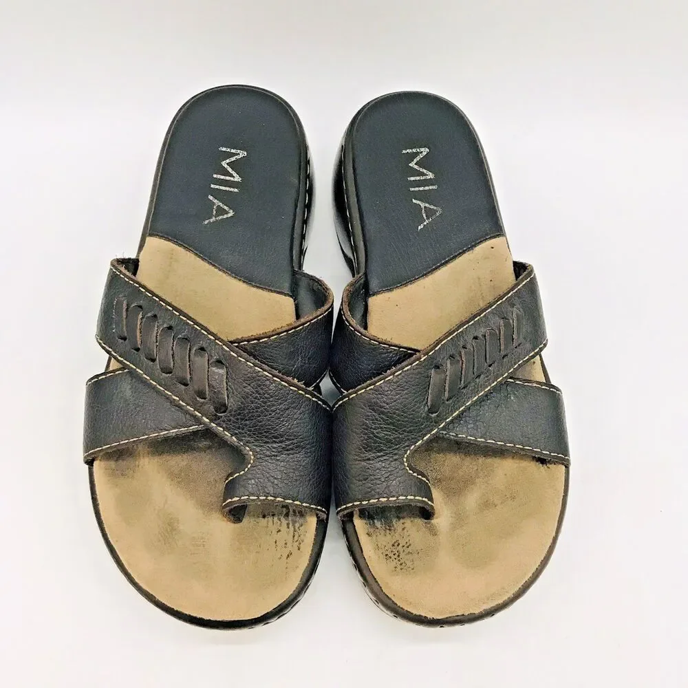 MIA Brown Leather Sandals Women's 6M Casual Slip On Platform Wedge Slide Brazil